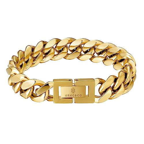 KRKC&CO 12mm Panzerkette Cuban Armband 18K Gold beschichtet Cuban Link Armband Cuban Link Chains Kubanische Gliederarmband Hip Hop Armband Hip Hop Schmuck für Herren Jungen Größe 22cm von KRKC & CO keep real keep champion