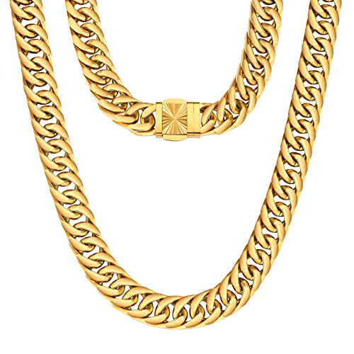 KRKC&CO 14mm Herren Panzerkette, breite dicke klassische kubanische Halskette aus Edelstahl, 18K vergoldete Cuban Link Chains, Hip-Hop Halsschmuck Weihnachten Geschenk für Männer Jung [Länge 61cm] von KRKC & CO keep real keep champion