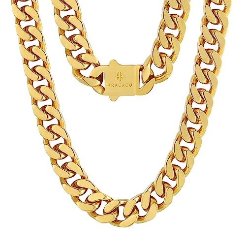 KRKC&CO 14mm Panzerkette, 18K Gold plattiert Cuban Link Chain, Edelstahl Panzerkette Herren Gold Kubanische Gliederkette, Herren Goldketten Hip Hop Kette für Männer Jungen Größe 46cm von KRKC & CO keep real keep champion