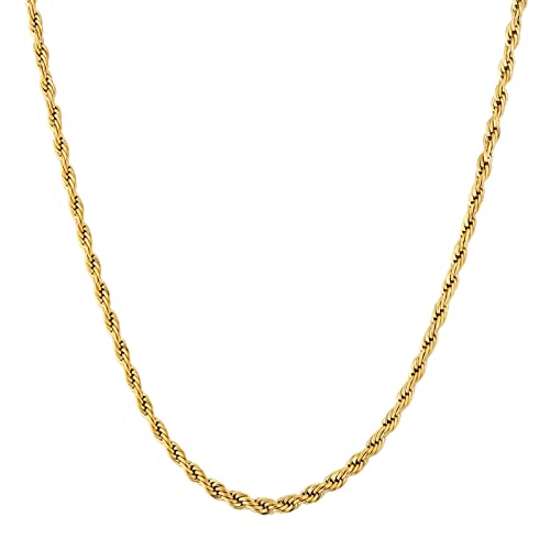 KRKC&CO 2,5mm dünne Kordelkette Rope Kette Edelstahl, 18K Gold beschichtet Zopfkette, feine Goldkette für Herren Damen, Unisex Rope Halskette Seilkette, Geburtstag Weihnachten Geschenke, Länge 45,7cm von KRKC & CO keep real keep champion