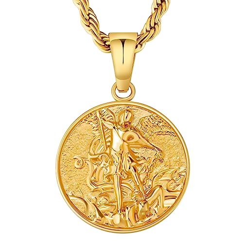 KRKC&CO Herren St. Michael Anhänger Kette, ST Engel Medaillon Kettenanhänger Münzkette, Edelstahl Goldkette Kordelkette 2,5mm 56cm, Glücksbringer von KRKC & CO keep real keep champion