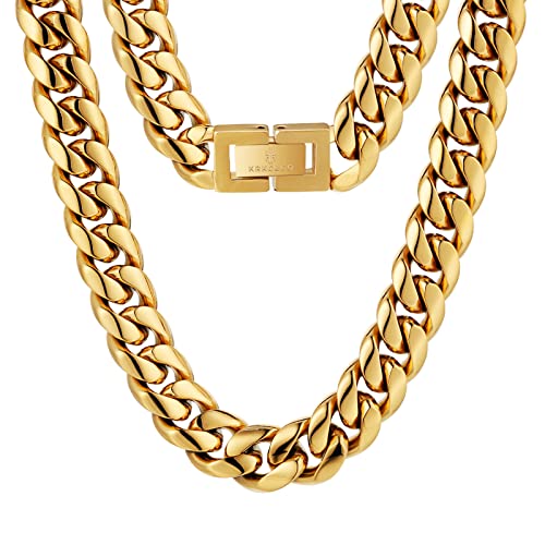 KRKC&CO Herren Panzerkette 14mm, 18K Gold plattiert Edelstahl Cuban Link Chain, Miami kubanische Gliederkette für Männer, Gold Kette Hip Hop Halskette für Jungen Größe 45,7cm von KRKC & CO keep real keep champion