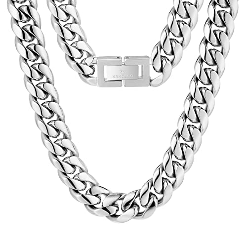 KRKC&CO Herren Panzerkette 14mm, Edelstahl Cuban Link Chain Silberkette, Miami kubanische Gliederkette für Männer, Silber Halskette Hip Hop Halskette für Jungen Größe 55,9cm von KRKC & CO keep real keep champion