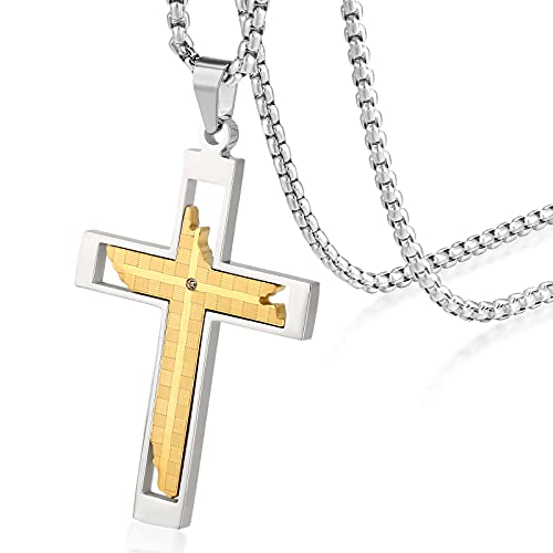 KRKC&CO Kreuz Anhänger Kette, 2mm 61cm Kette mit Hohl Kreuzanhänger, vergoldete Edelstahl Anhänger Halskette Silberkette, Kreuz Kette für Herren Jungen Damen, Geburtstag Geschenk von KRKC & CO keep real keep champion