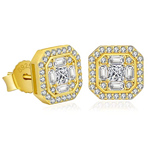 KRKC&CO S925 Silber Ohrringe Herren Iced Out, Viereckige Ohrringe 9mm, 14K Gold beschichtet Ohrsteckers mit weißen Zirkonia Steine, allergiefreie Ohrringe, Geschenk für Männer Damen Jungs von KRKC & CO keep real keep champion