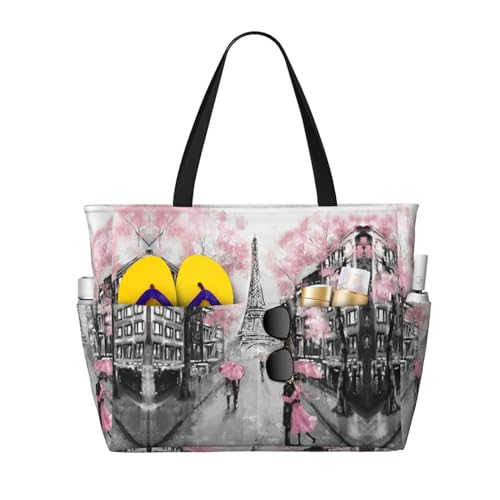 KSEFXXPKA Paris Street Tower rosa Blumendruck, großes Fassungsvermögen, Strand-Reisetasche, Tragetasche, Schultertasche, Schultertasche, für Fitnessstudio, Reisen, Paris Street Tower Pink Floral, von KSEFXXPKA