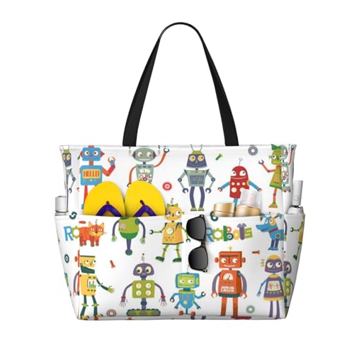 KSEFXXPKA Reisetasche mit Pinguin-Druck, große Kapazität, Strandtasche, Tragetasche, Schultertasche, für Fitnessstudio, Reisen, Niedliche Cartoon-Roboter, Einheitsgröße von KSEFXXPKA