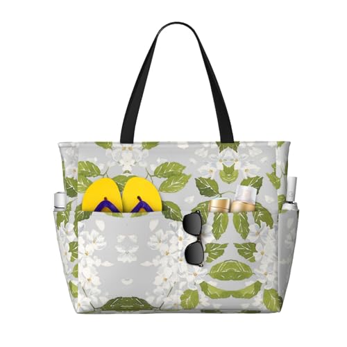 KSEFXXPKA Reisetasche mit Rosen-Totenkopf-Druck, große Kapazität, Strandtasche, Tragetasche, Schultertasche, für Fitnessstudio, Reisen, Weiße Blume und grüne Blätter, Einheitsgröße von KSEFXXPKA