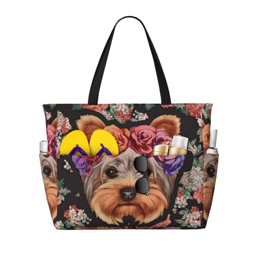 KSEFXXPKA Reisetasche mit Yorkie-Hunde-Blumendruck, großes Fassungsvermögen, Strandtasche, Tragetasche, Schultertasche, Schultertasche für Fitnessstudio, Reisen, Yorkie Dog Floral, Einheitsgröße von KSEFXXPKA