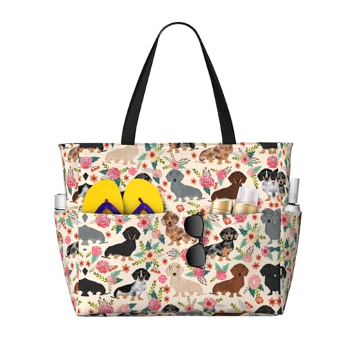 KSEFXXPKA Ringbrot mit Marmeladenaufdruck, großes Fassungsvermögen, Strand-Reisetasche, Tragetasche, Schultertasche, Schultertasche, für Fitnessstudio, Reisen, Alltag, Hund Floral, Einheitsgröße von KSEFXXPKA