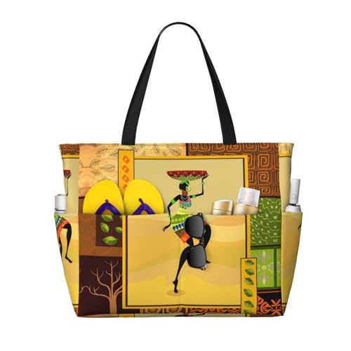 KSEFXXPKA Strand-Reisetasche, Boho-Stil, goldfarben, Lotusblumen-Druck, große Kapazität, Schultertasche, Schultertasche, für Fitnessstudio, Reisen, Afrikanische Frau, Einheitsgröße von KSEFXXPKA