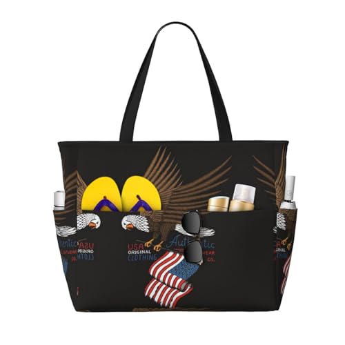 KSEFXXPKA Strand-Reisetasche, Boho-Stil, goldfarben, Lotusblumen-Druck, große Kapazität, Schultertasche, Schultertasche, für Fitnessstudio, Reisen, Patriotischer Adler mit amerikanischer Flagge, von KSEFXXPKA