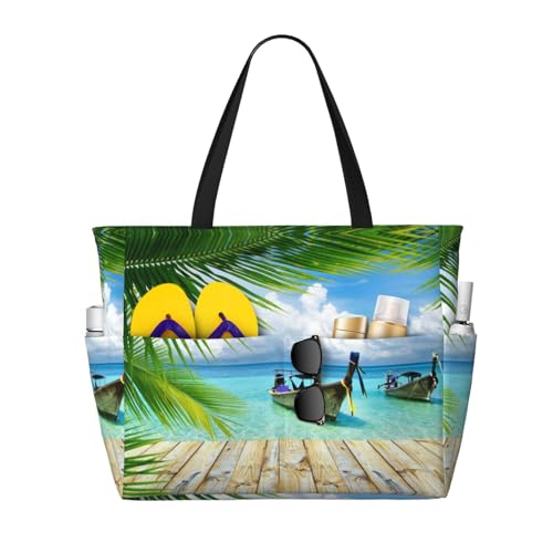 KSEFXXPKA Strand-Reisetasche, Motiv: Meeresboot, Kokosnussblätter, großes Fassungsvermögen, Tragetasche, Schultertasche, für Fitnessstudio, Reisen, Seaside Boat Kokosnussblätter, Einheitsgröße von KSEFXXPKA