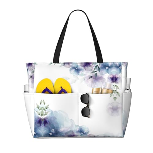 KSEFXXPKA Strand-Reisetasche, Schultertasche, Schultertasche, Schultertasche, für Fitnessstudio, Reisen, Alltag, Blau / Lila / Grün, Blaue, violette Blumen und grüne Blätter, Einheitsgröße von KSEFXXPKA