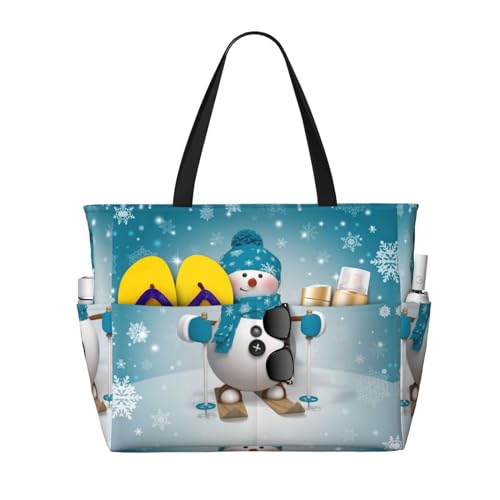 KSEFXXPKA Strand-Reisetasche mit Hundeaufdruck, große Kapazität, Tragetasche, Schultertasche, für Fitnessstudio, Reisen, Schöne Weihnachts-Schneeflocke, Cartoon, Skifahren, Einheitsgröße von KSEFXXPKA