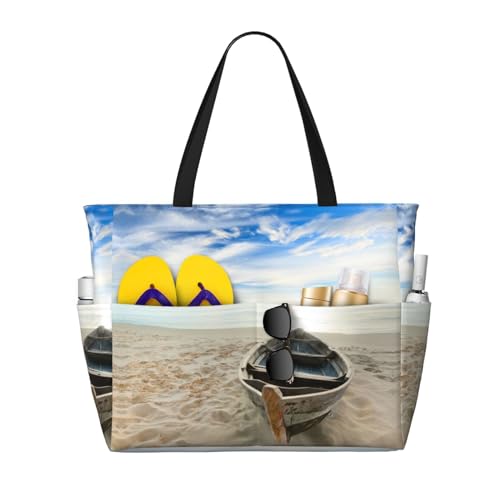 KSEFXXPKA Strandtasche mit Sonnenaufgang und Zeitdruck, großes Fassungsvermögen, Strandtasche, Tragetasche, Schultertasche, Schultertasche für Fitnessstudio, Reisen, Boot Beach Sunrise Time, von KSEFXXPKA