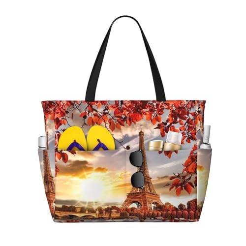 KSEFXXPKA Underwater World Fisch-Delphi-Druck, große Kapazität, Strand-Reisetasche, Tragetasche, Schultertasche, Schultertasche, für Fitnessstudio, Reisen, Pariser Turm mit Herbstblättern, von KSEFXXPKA