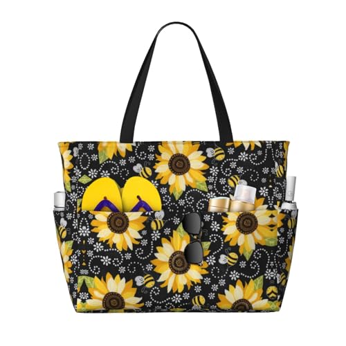 KSEFXXPKA Weiße Schwäne mit rosa Blumen-Baum-Druck, großes Fassungsvermögen, Strand-Reisetasche, Tragetasche, Schultertasche, Schultertasche, für Fitnessstudio, Reisen, Alltag, Sonnenblumenbienen, von KSEFXXPKA