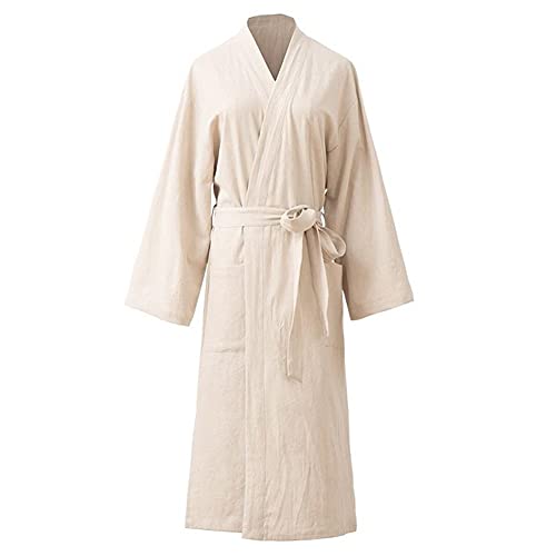 Bademäntel Damen Baumwolle Leinen Kaftan Schlafrobe Kimono Kleid Heimkleidung (Color : Beige, Size : L) von KSFBHC