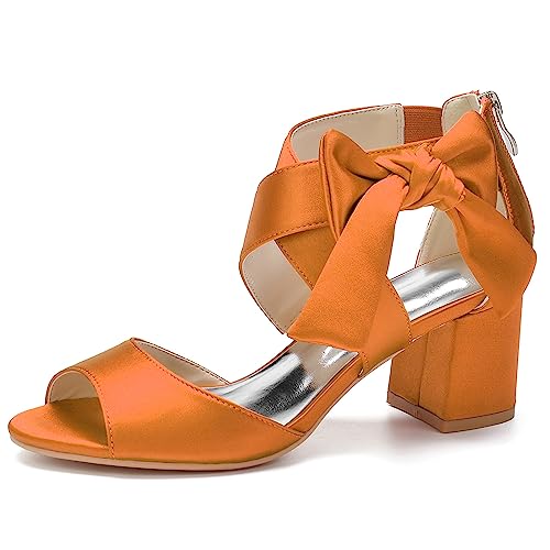 KSLDWWEU Damen-Brautschuhe, Offener Zehenbereich Mittelhoher Blockabsatz Knöchelriemen Hochzeitskleid Pump-Sandalen Mit Reißverschluss,Orange,35 EU von KSLDWWEU