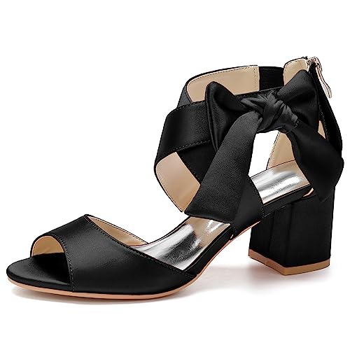 KSLDWWEU Damen-Brautschuhe, Offener Zehenbereich Mittelhoher Blockabsatz Knöchelriemen Hochzeitskleid Pump-Sandalen Mit Reißverschluss,Schwarz,38 EU von KSLDWWEU