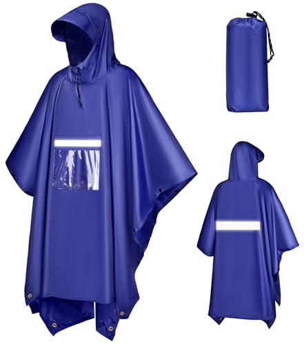 KTUEOV Regenponcho, Wasserdicht Regencape mit Kapuze für Damen Herren Leichter Regenmantel 3 in 1 Multifunktionales Poncho Regen Regenumhang mit Tasche für Wandern, Reisen, Camping von KTUEOV