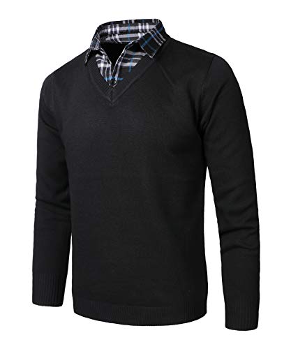 KTWOLEN Pullover mit Hemdkragen Herren 2 in 1 Winter Warm Strickpullover mit V-Ausschnitt Freizeit Mock Hemd Pullover Winter Strick-Pulli Langarmshirt, Schwarz, L von KTWOLEN