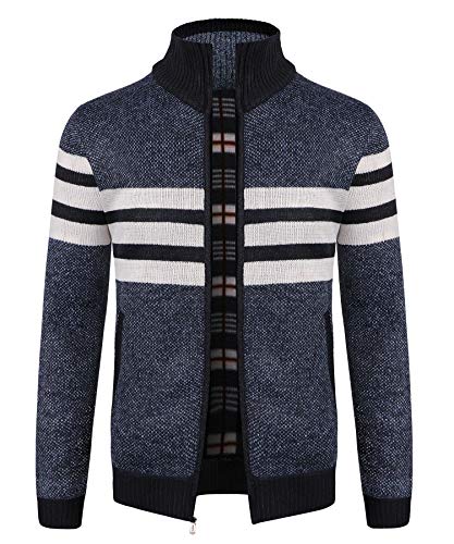 KTWOLEN Herren Strickjacke Cardigan Feinstrick Mit Stehkragen Und Reißverschluss Fleece-gefüttert Wintermantel Sweatjacke Langarm Winterjacke, Streifen_Blau, XL von KTWOLEN