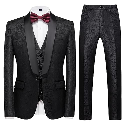 KUDORO Herren Anzüge 3-Teilig Slim Fit Paisley für Hochzeit Party Eine Knöpfe Jacquard Smoking Herrenanzug Sakko Weste Hose(Schwarz,M) von KUDORO