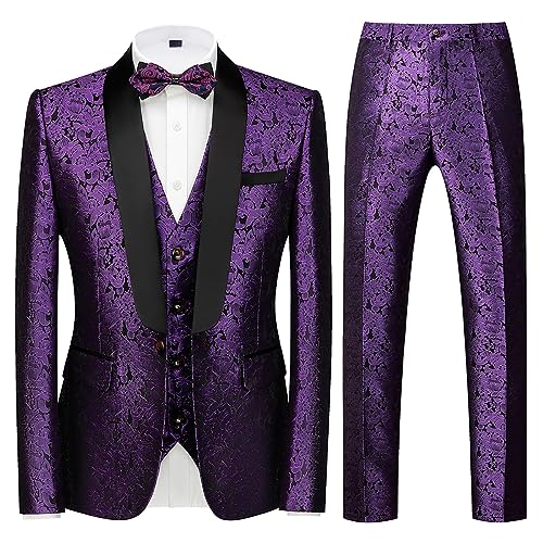 KUDORO Herren Anzüge 3-Teilig Slim Fit Paisley für Hochzeit Party Eine Knöpfe Jacquard Smoking Herrenanzug Sakko Weste Hose(Lila,M) von KUDORO