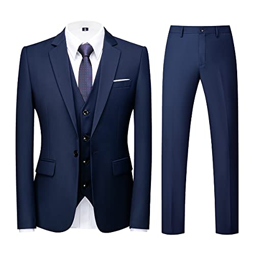 KUDORO Herren Anzüge 3-teilig Slim Fit Eine Knöpfe für Hochzeit Business Herrenanzug Sakko Weste Hose(Blau,S) von KUDORO