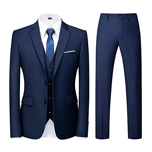 KUDORO Herren Anzüge 3-teilig Slim Fit Einreihig Zwei Knöpfe für Hochzeit Business Anzug Herren Formell Sakko Weste Hose(Blau,XL) von KUDORO