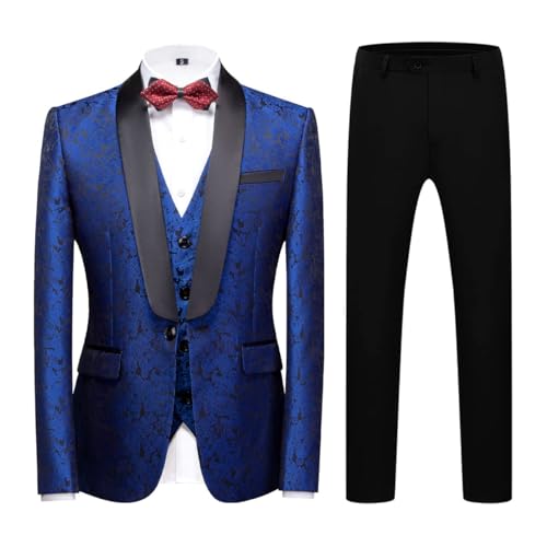 KUDORO Herren Anzüge Slim Fit 3-Teilig Paisley für Hochzeit Business Party Eine Knöpfe Jacquard Smoking Herrenanzug Sakko Weste Hose(Blau,S) von KUDORO