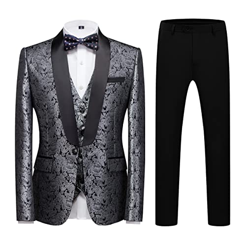 KUDORO Herren Anzüge Slim Fit 3-Teilig Paisley für Hochzeit Business Party Eine Knöpfe Jacquard Smoking Herrenanzug Sakko Weste Hose(Silber,3XL) von KUDORO