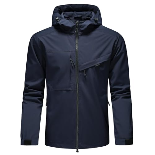 KUDORO Herren Leichte Jacke Langarm Übergangsjacke Bomberjacke Wasserdicht Outdoorjacke Winddichte Windbreaker Sportjacke mit Kapuze Freizeitjacke(Dunkelblau,XXL) von KUDORO