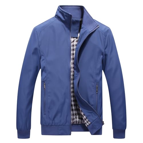 KUDORO Herren leichte Jacke für Frühling Sommer Reißverschluss Outdoor Jacke Casual Bomber Einfarbige Winddichte Jacke Halskette Mann Jacke Aviator Thin Classic Casual(Blau,3XL) von KUDORO