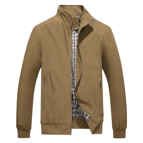 KUDORO Herren leichte Jacke für Frühling Sommer Reißverschluss Outdoor Jacke Casual Bomber Einfarbige Winddichte Jacke Halskette Mann Jacke Aviator Thin Classic Casual(Kaki,M) von KUDORO