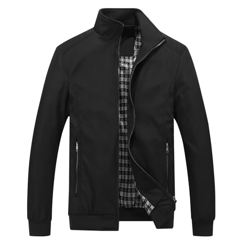 KUDORO Herren leichte Jacke für Frühling Sommer Reißverschluss Outdoor Jacke Casual Bomber Einfarbige Winddichte Jacke Halskette Mann Jacke Aviator Thin Classic Casual(Schwarz,L) von KUDORO