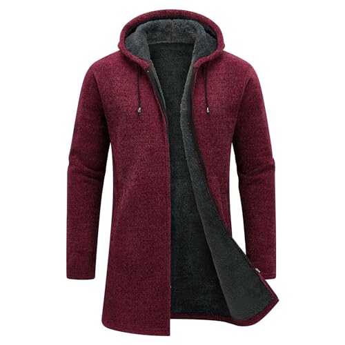 KUDORO Strickjacke Herren Cardigan Lang Trachtenjacke Kapuze mit Kapuze Gestrickt Wintermantel Pullover Hoodie Sweatjacke Feinstrick Winterjacke Fleecejacke(Weinrot,M) von KUDORO