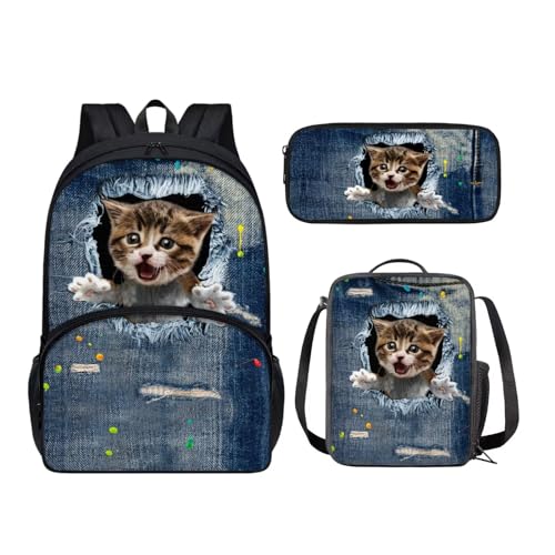 KUIFORTI 3-in-1-Schultaschen-Set für Kinder, Kindergarten-Rucksack mit Lunchbags, Federmäppchen für Jungen und Mädchen, lustiger Rucksack, Denim Cat, Schulranzen-Set von KUIFORTI