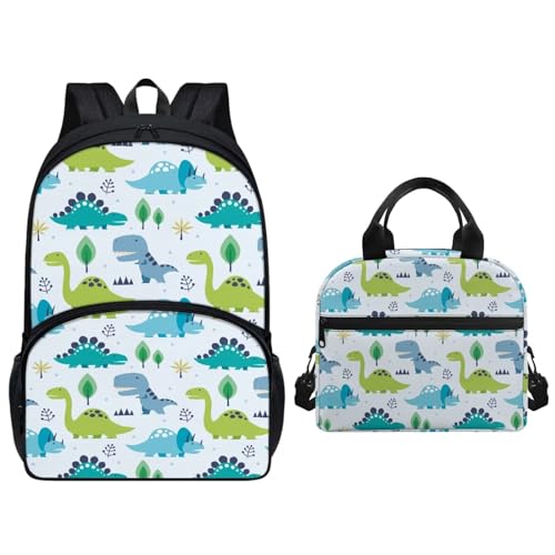 KUIFORTI Büchertaschen für Schule, Mädchen, Rucksack, Kinder, Schultaschen mit isolierter Lunchbox, 2 Stück, Schulrucksack, Damen, Arbeitstasche, Schöner Dinosaurier-Blau, Schulranzen-Set von KUIFORTI