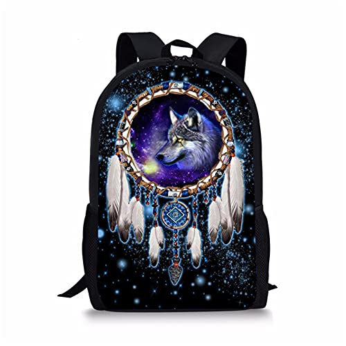 KUIFORTI Kinder Schulrucksack, Jungen Mädchen 43,2 cm Büchertaschen Casual Reise Rucksack, Traumfänger Wolf, One size von KUIFORTI