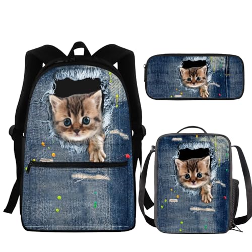 KUIFORTI Kinder-Schultaschen-Set mit Lunchbox, Federmäppchen, 3-teilig, Büchertaschen für Schule, kleine Mädchen, niedlicher großer Rucksack, Denim-Tasche Katze, Einheitsgröße, Schulrucksack von KUIFORTI