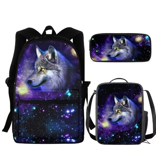 KUIFORTI Schulbüchertaschen-Set für Kinder, 3-teiliges Schultaschen-Set mit Lunchbox, Federmäppchen, Galaxy Blue Wolf, Einheitsgröße, Schulrucksack von KUIFORTI