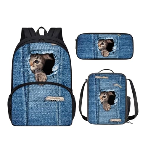 KUIFORTI Schulrucksack-Set für Kinder, 3-teiliges Schultaschen-Set mit Lunch-Tragetaschen, Federmäppchen für Grundschule, Denim Cat, Schulranzen-Set von KUIFORTI