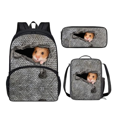 KUIFORTI Schulrucksack-Set für Kinder, 3-teiliges Schultaschen-Set mit Lunch-Tragetaschen, Federmäppchen für Grundschule, Denim-Hamster, Schulranzen-Set von KUIFORTI