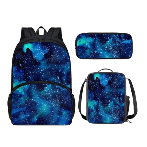 KUIFORTI Schulrucksack-Set für Kinder, 3-teiliges Schultaschen-Set mit Lunch-Tragetaschen, Federmäppchen für Grundschule, Galaxy Night Blue, Schulranzen-Set von KUIFORTI