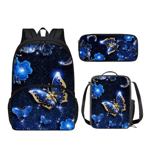 KUIFORTI Schulrucksack-Set für Kinder, 3-teiliges Schultaschen-Set mit Lunch-Tragetaschen, Federmäppchen für Grundschule, Schmetterling blau, Schulranzen-Set von KUIFORTI