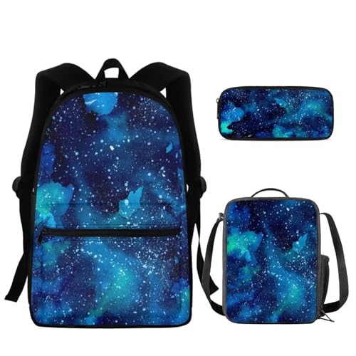 KUIFORTI Schulrucksack für Kinder, Schulranzen-Set mit 3 Stück, Büchertaschen mit Lunchbox, Federmäppchen, Galaxy Night Blue, Einheitsgröße, Schulrucksack von KUIFORTI