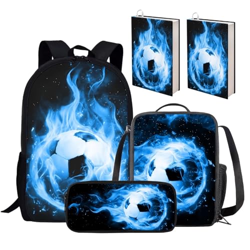 KUIFORTI Schultaschen-Set für Kinder, Rucksack, 5-teilig, Lunchbox, Federmäppchen, Büchertaschen, Jungen, Mädchen, personalisierbar, großer Rucksack, Blue Flame Fußball, Einheitsgröße, Schulrucksack von KUIFORTI